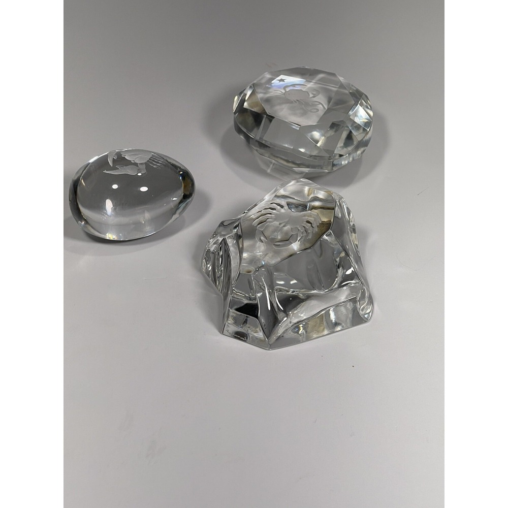 3 Set Cancer Paperweight 2 Val St Lambert Zodiac Rock Crystal + 1 Ekenas Sweden